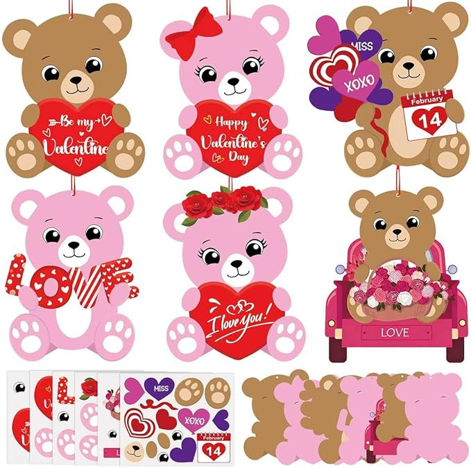 Zliisang 24PCS Make You Own Valentines Crafts Kit Bulk Bear Paper Hanging Ornaments DIY Kit for V... | Amazon (US)