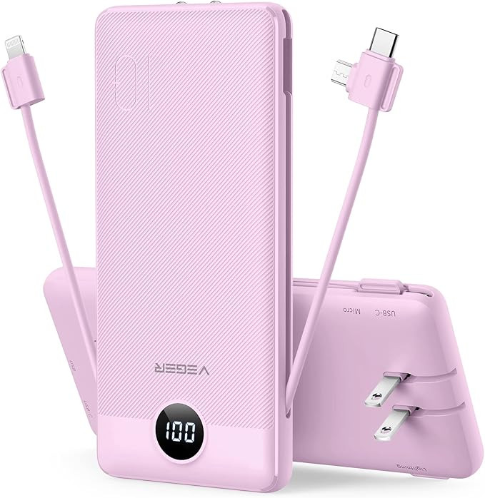 VEGER Portable Charger for iPhone Built in Cables and Wall Plug, 10000mah Slim Fast Charging USB ... | Amazon (US)