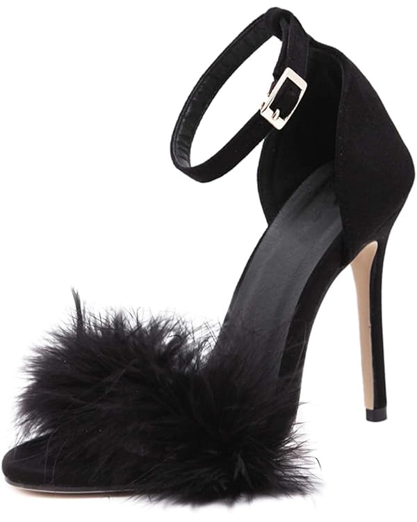 YIBLBOX Women's Feather Heels Open Toe Sandal Fluffy Fur High Heel Shoes Ankle Strap Stiletto Pum... | Amazon (US)