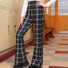 Teen Girl Plaid Print Split Hem Flare Leg Trousers | SHEIN