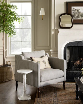 Gemma Chair (Ready to Ship) Charcoal & Ivory Stripe Linen/Chestnut | McGee & Co. (US)