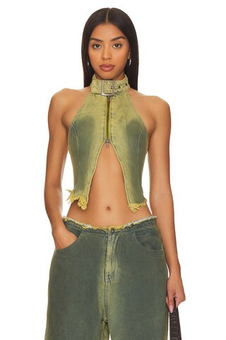 Jaded London Green Denim Buckle Neck Top in Green Wash from Revolve.com | Revolve Clothing (Global)