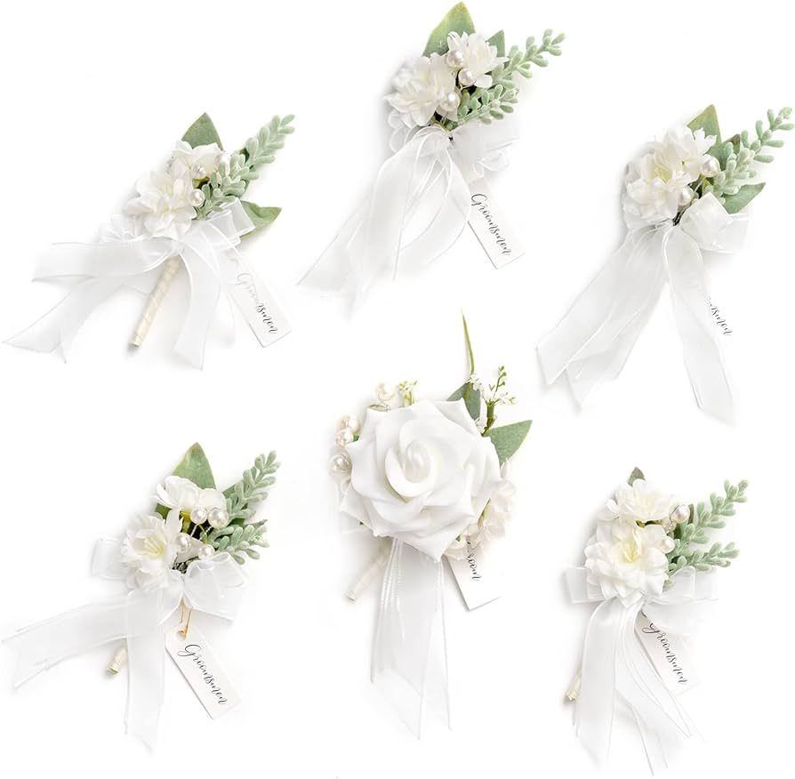 Ling's Moment Set of 6 White Boutonniere for Men for Wedding Groom Groomsmen Artificial Flowers B... | Amazon (US)