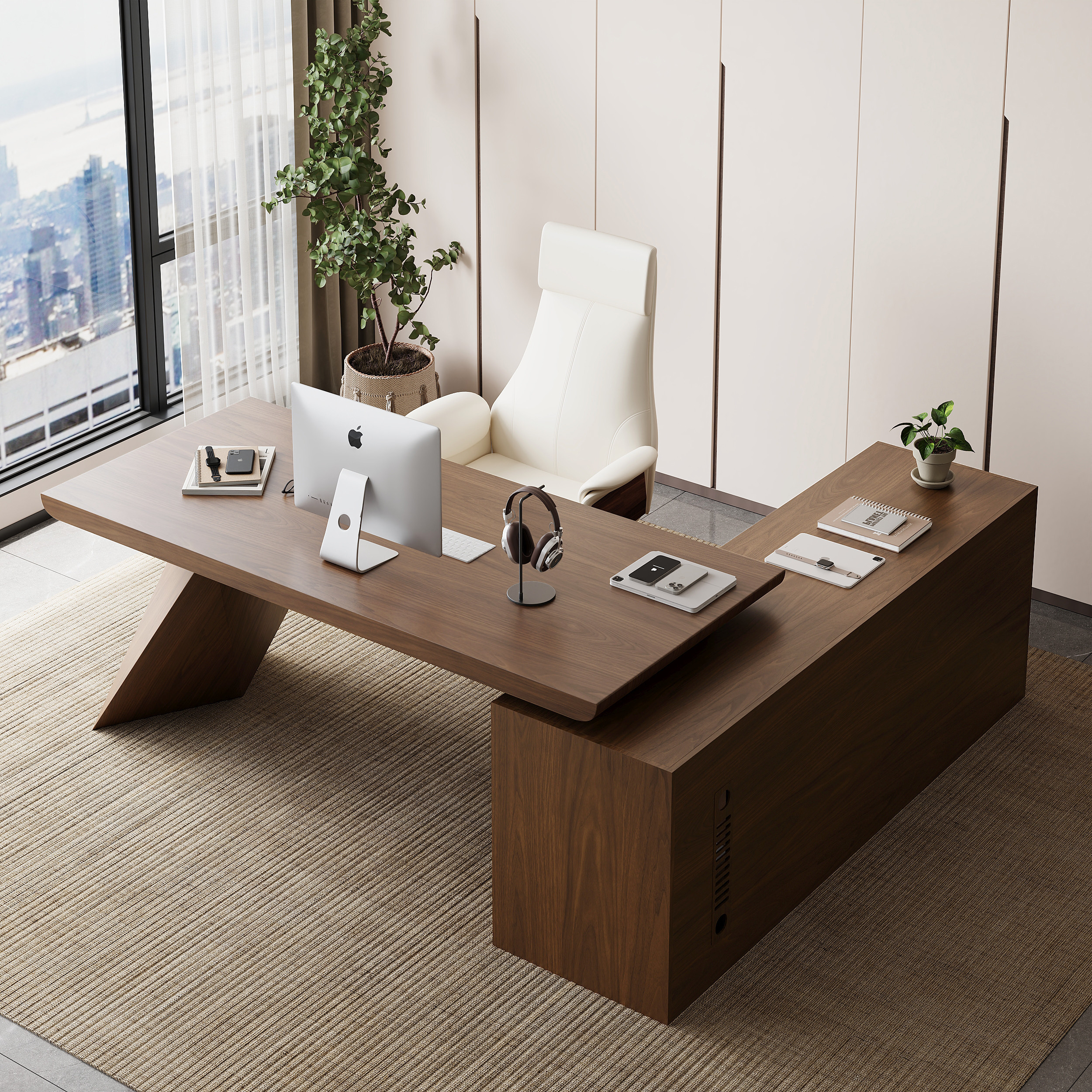 Modern Walnut Large L-Shape Executive Desk with Drawers & Cabinet Left Hand Office Furniture (70.9'') | Homary