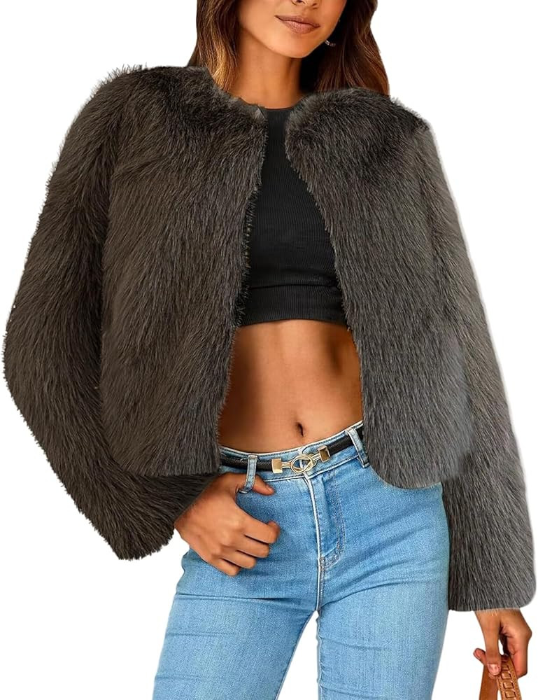 Arssm Faux Fur Jacket Women Long Sleeve Open Front Cropped Cardigan Warm Winter Shaggy Fluffy Sho... | Amazon (US)