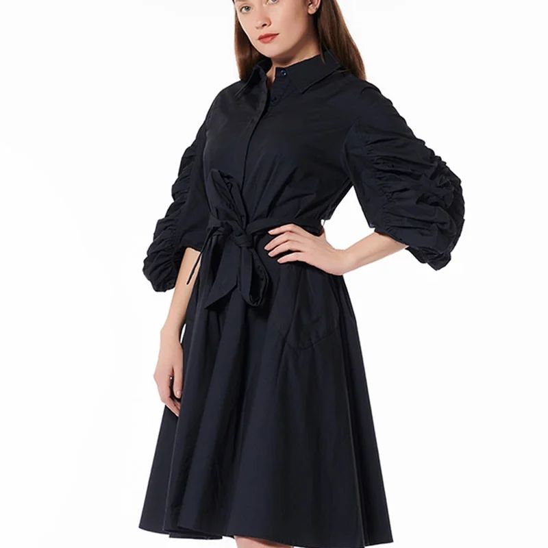 Gracia Long Button Down Belted Dress W/ruched Puff Sleeve - Blue - L | Verishop