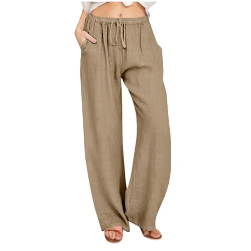Generic Womens Clothing Clearance of Sale Summer 2024 Fashion Cotton Linen Pants Women's Summer Casual Drawstring Wide Leg Palazzo Pants Loose Comfy Trousers with Pockets, X-Large, A02_beige | Amazon (US)