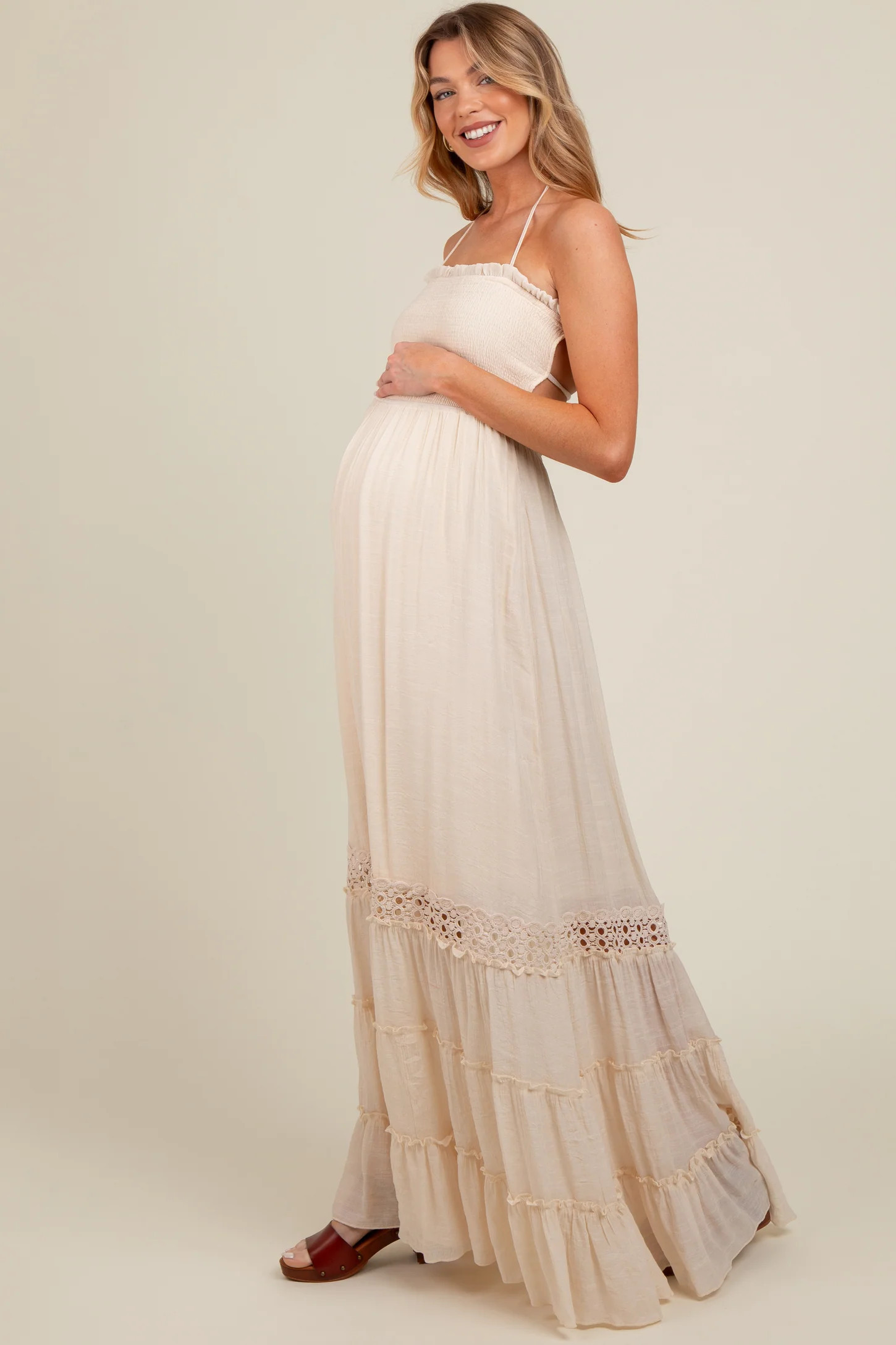 Cream Smocked Open Back Maternity Maxi Dress | PinkBlush Maternity