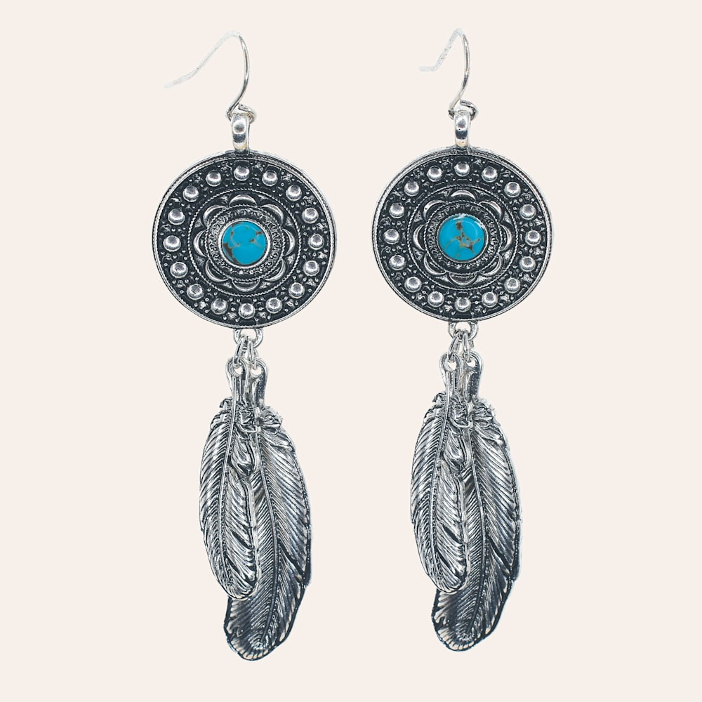 Justin Ladies’ Silver and Turquoise Pendant and Feather Charms Earrings | Cavender's