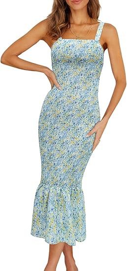 PRETTYGARDEN Women's Summer Floral Midi Tank Dress Sleeveless Strappy Ruffle Hem Smocked Bodycon ... | Amazon (US)