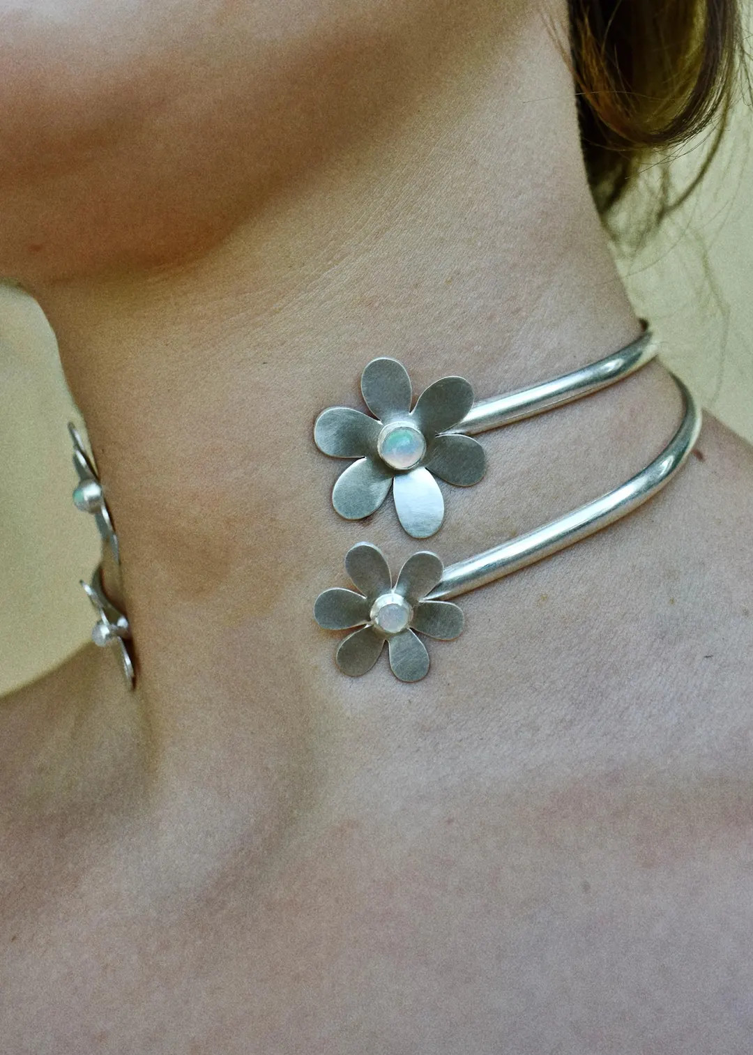 Daisy Choker Cuff Necklace in Sterling Silver With Ethiopian Opal, Torque, Boho Jewelry, Woodstoc... | Etsy (Global)