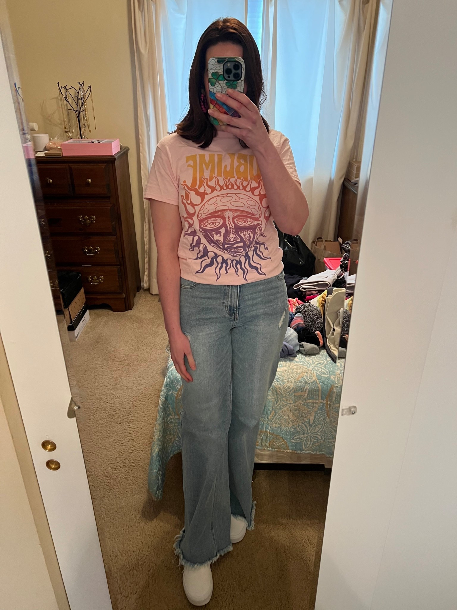 Pink sublime graphic t-shirt (s). High waisted wide leg jeans (4). White slip on sneakers (8.5). #tshirt #graphictshirt #pinktshirt #jeans #widelegjeans #highwaistedjeans #sneakers #whitesneakers #sliponsneakers #springoutfit 
spring outfits 2026 @Target @tjmaxx @DSW

#LTKSeasonal #LTKootd