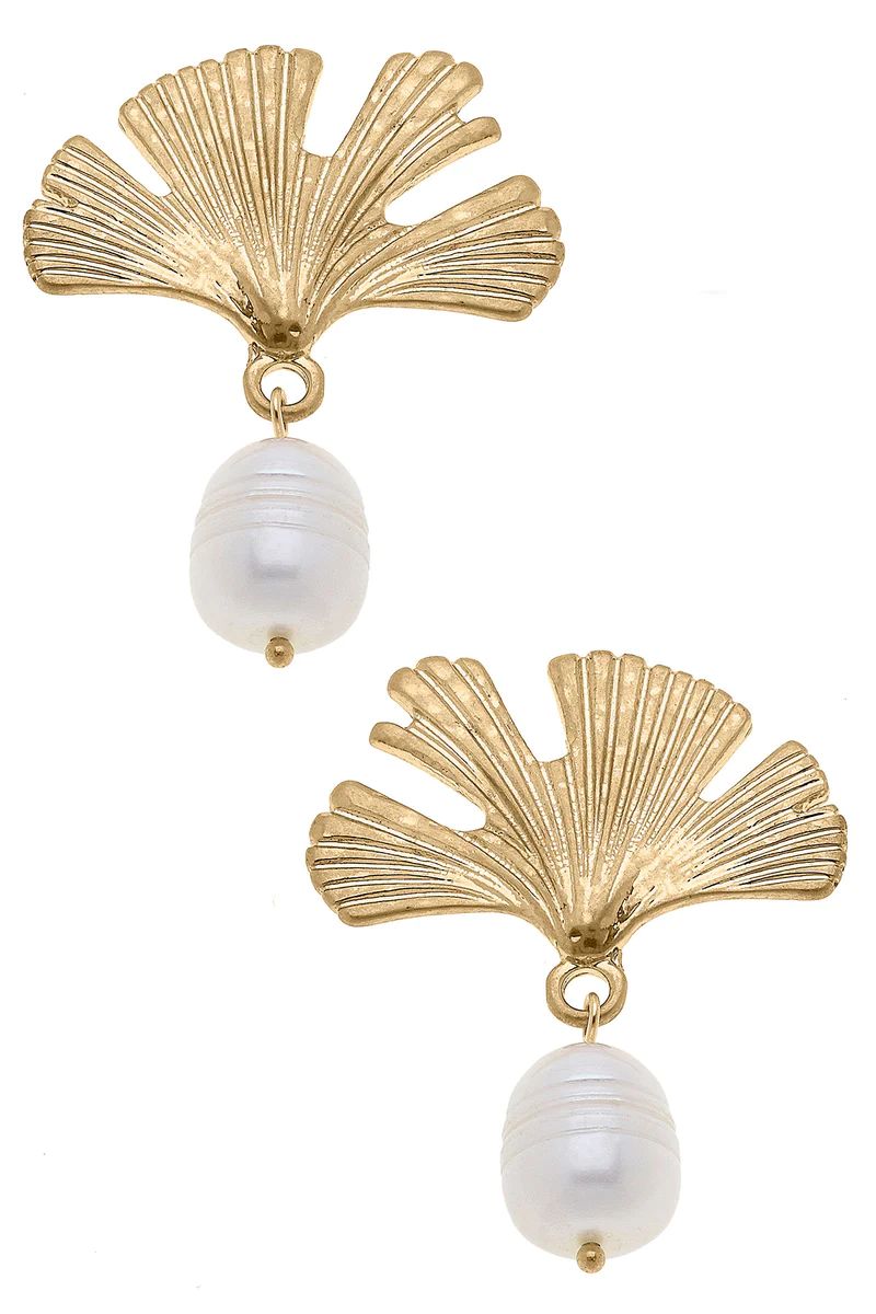 London Ginkgo & Pearl Drop Earrings in Worn Gold | CANVAS