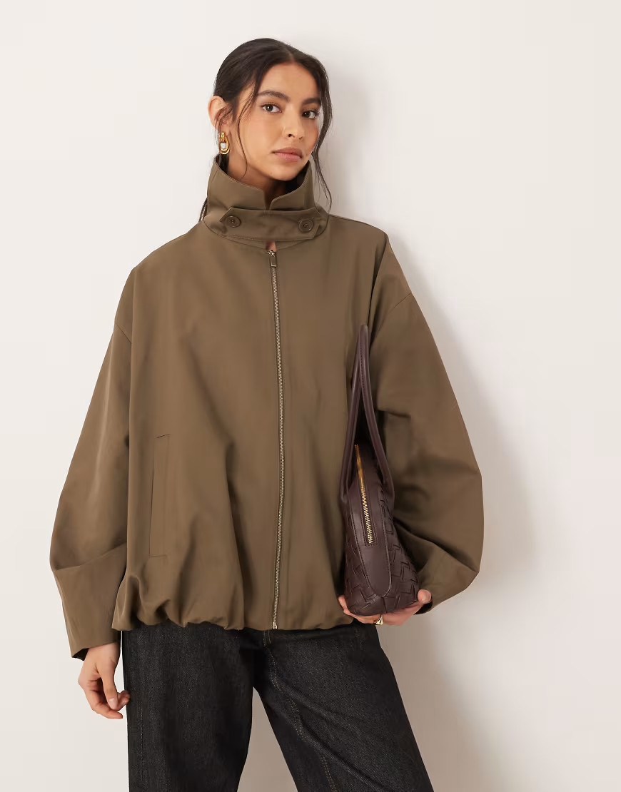 ASOS DESIGN bubble hem funnel neck trench jacket in olive-Green | ASOS (Global)