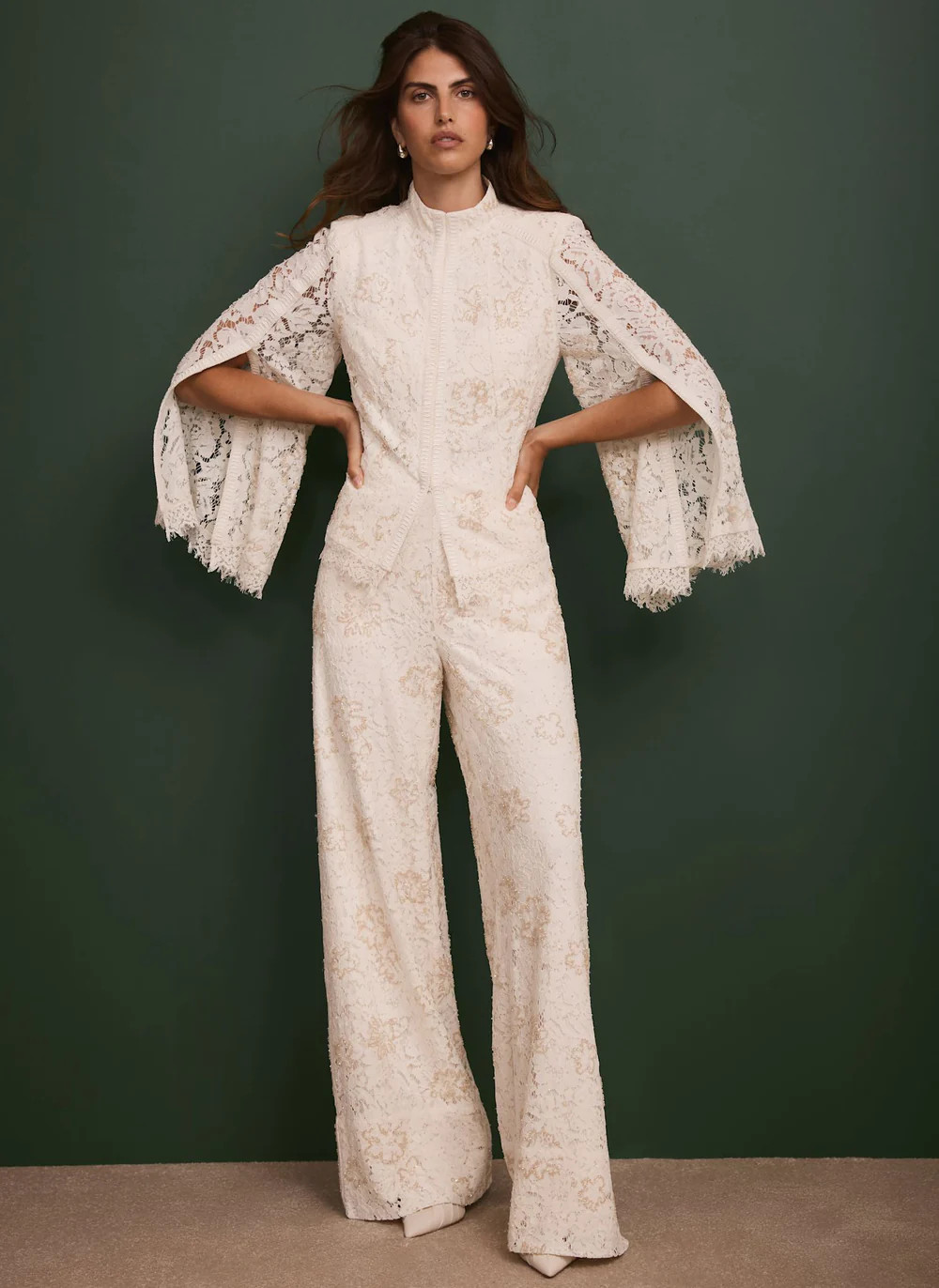 Cream Embellished Lace Wide Trousers | Mint Velvet
