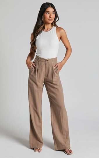 Larissa Trousers - Linen Look Mid Waisted Relaxed Straight Leg Trousers in Mushroom | Showpo (US, UK & Europe)