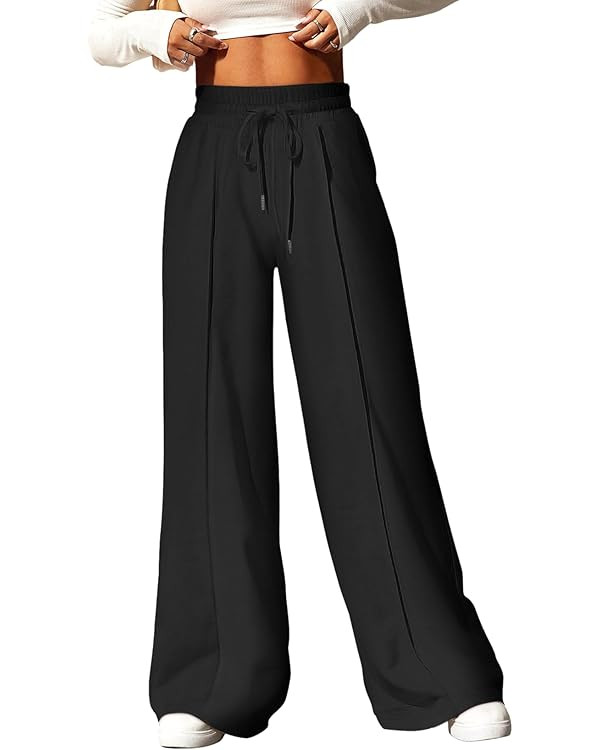 Aleumdr Women's High Waisted Drawstring Waist Wide Leg Sweatpants with Pockets Casual Loose Yoga ... | Amazon (US)