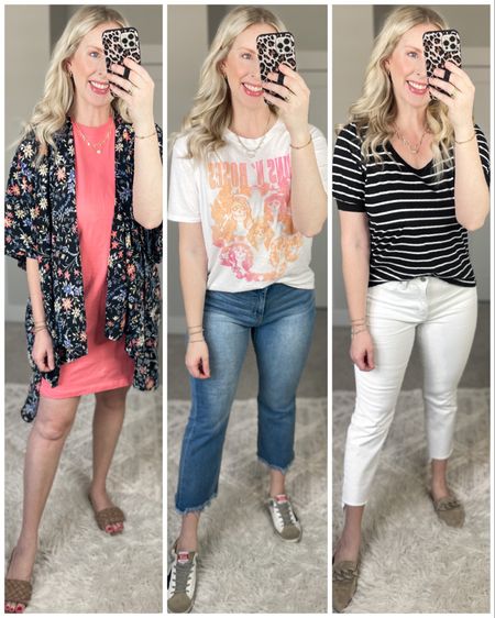Daily try on, Walmart outfit, Walmart fashion, time and tru, teacher outfit, workwear, white jeans, band tee, graphic tee, floral kimono, t-shirt dress 

#LTKworkwear #LTKunder50 #LTKsalealert