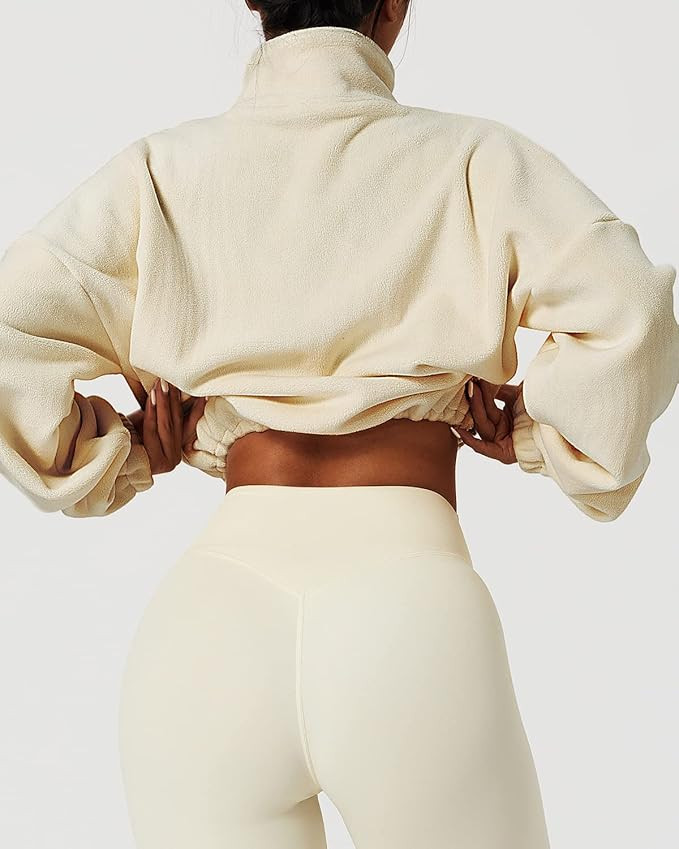 QINSEN Women's Full Zip Fleece Short Jacket Warm Winter Long Sleeve Stand Collar Sherpa Crop Coat | Amazon (US)