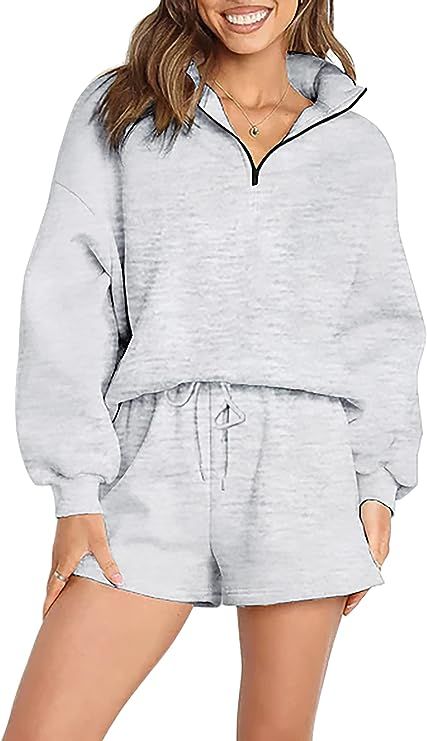 Lingswallow Women's Oversized 2 Piece Lounge Sets - Long Sleeve Zipper and Shorts Fleece Lined Sw... | Amazon (US)