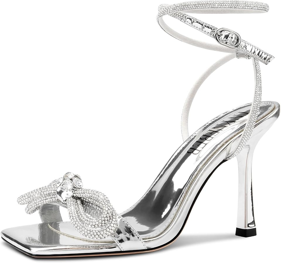 TNYNFBEB Womens Stiletto High Heel Open Square Toe Sandals Ankle Strap Two-Piece Buckle Rhineston... | Amazon (US)