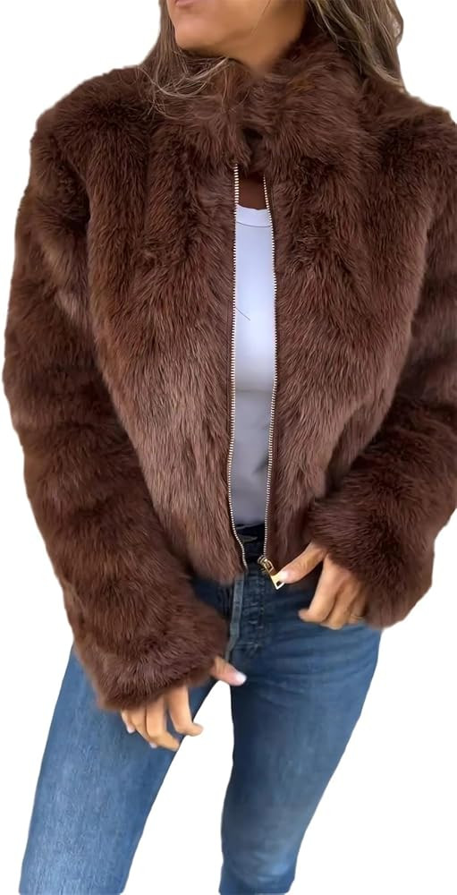 Women's High Collar Fur Zipper Casual Jacket Winter Fuzzy Cropped Jacket Furry Faux Fur Sherpa Fl... | Amazon (US)