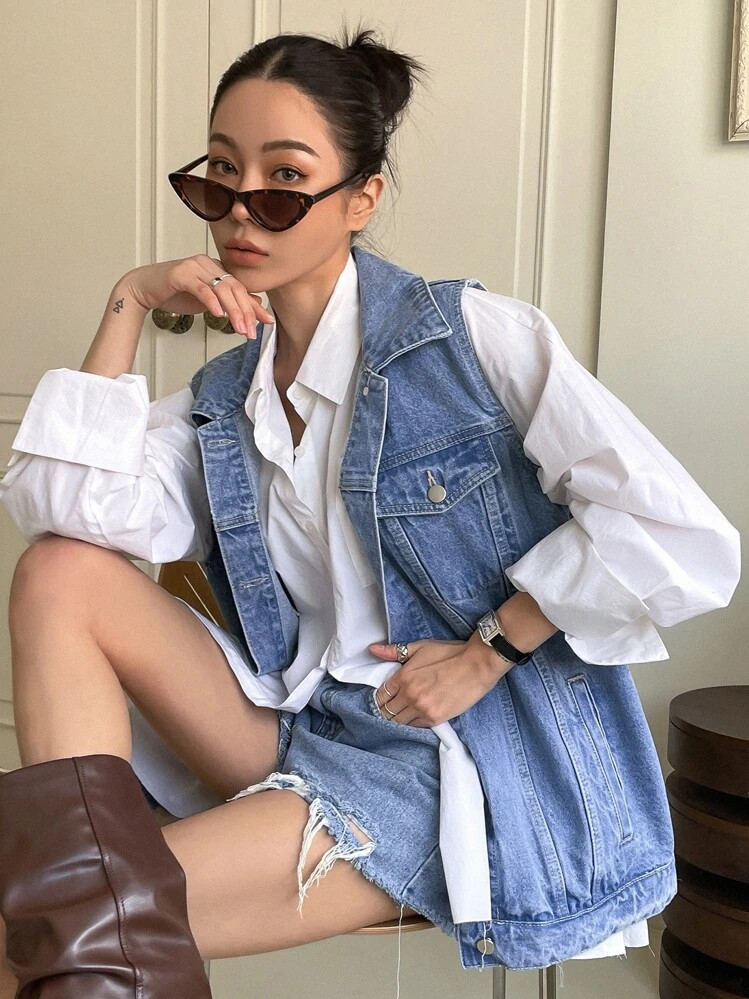 Strévra Single Breasted Sleeveless Denim Coat Y2k | SHEIN