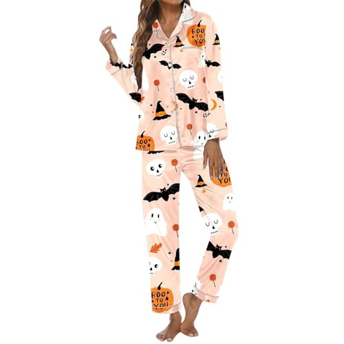 Fall Pajamas,Halloween Pajamas For Women Set Button Down Shirts Matching Lounge Pants Pumpkin Ghost Cute Pjs Silky Comfy Fall Outfits(06-Orange,Small) | Amazon (US)