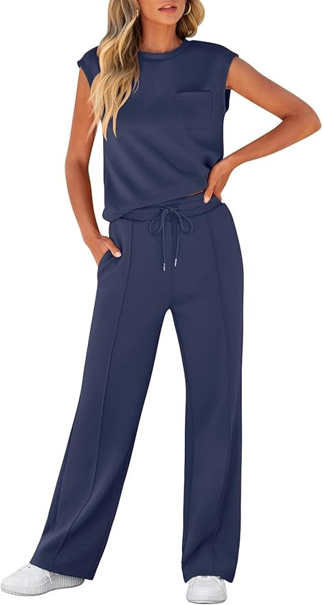 ANRABESS Women's Summer 2 Piece Outfits Casual Sleeveless Sweatsuits Matching Wide Leg Tracksuits... | Amazon (US)