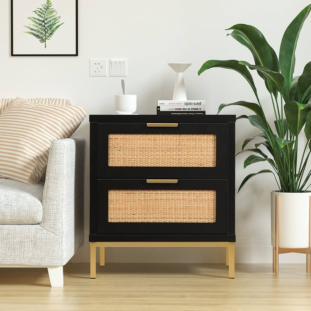 Anmytek Rattan Nightstand, Boho Bedside Table with 2 Rattan Decorated Drawers, Black Wood Night S... | Amazon (US)