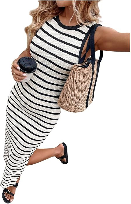 Verdusa Women's Striped Dress Summer Dresses for Women Slit Knit Long Bodycon Tank Dresses Vacati... | Amazon (US)
