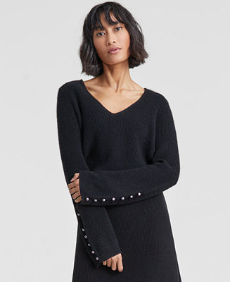 Women's Pearl Sleeve V-Neck 100% Cashmere Sweater, Created for Macy's | Macy's