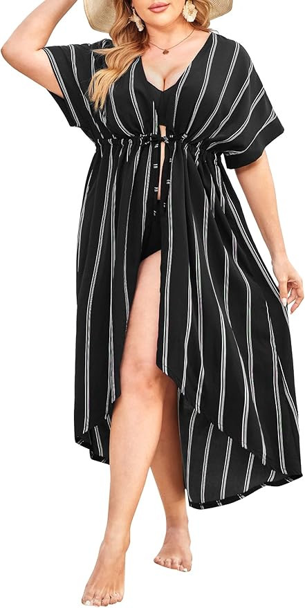 IN'VOLAND Women Plus Size Long Cover up Stripe Bikini Coverups Kimono Tie Front Bathing Suit Swim... | Amazon (US)