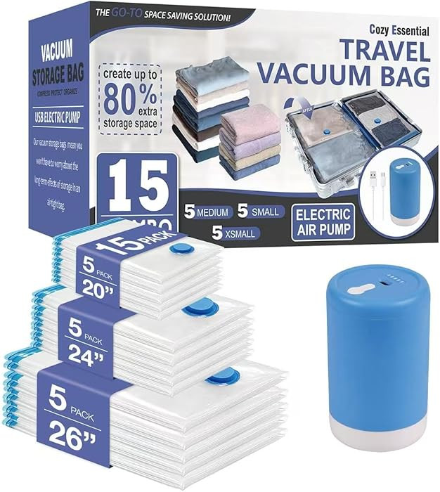 Cozy Essential 15 Pack Travel Vacuum Storage Bags with Rechargeable Wireless Electric Pump for Lu... | Amazon (US)