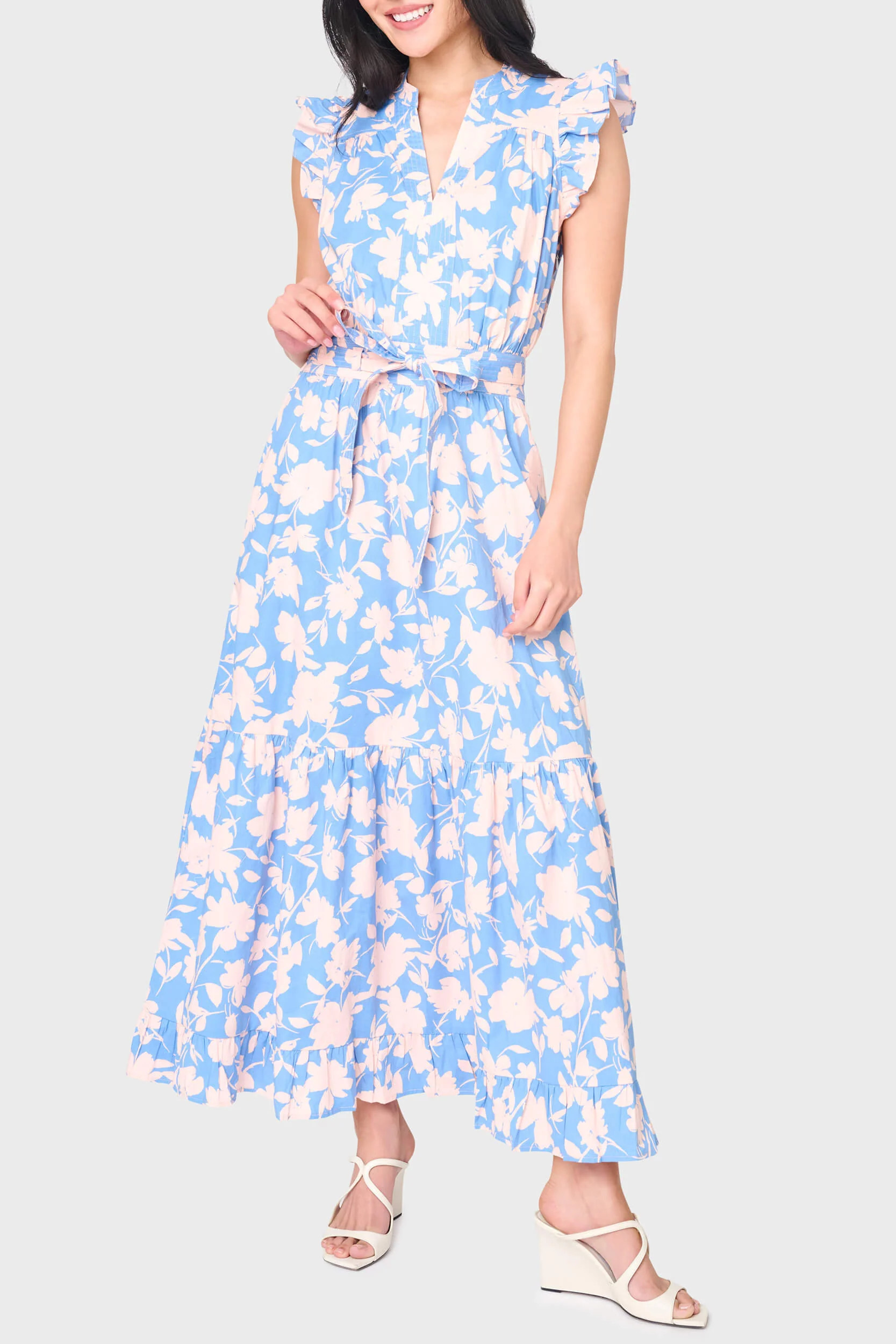 Blue Floral Maxi Dress | Notch Neck Flutter – Gibsonlook | Gibsonlook