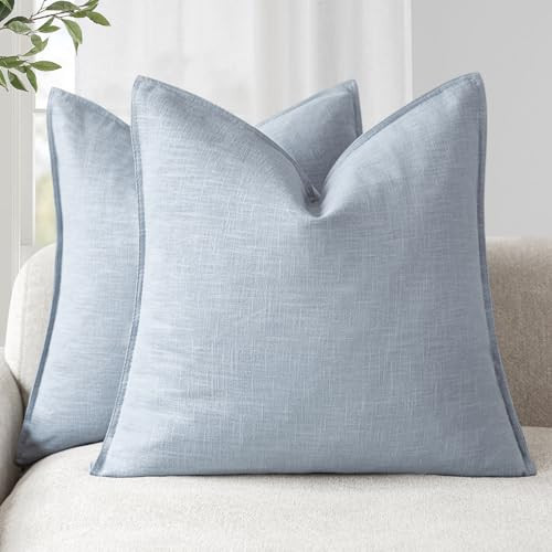 Foindtower Pack of 2, Decorative Linen Soild Throw Pillow Covers Soft Accent Euro Cushion Case Boho Farmhouse Pillowcase for Chair Couch Sofa Bedroom Living Room Home Decor 24 x 24 Inch Sky Blue | Amazon (US)
