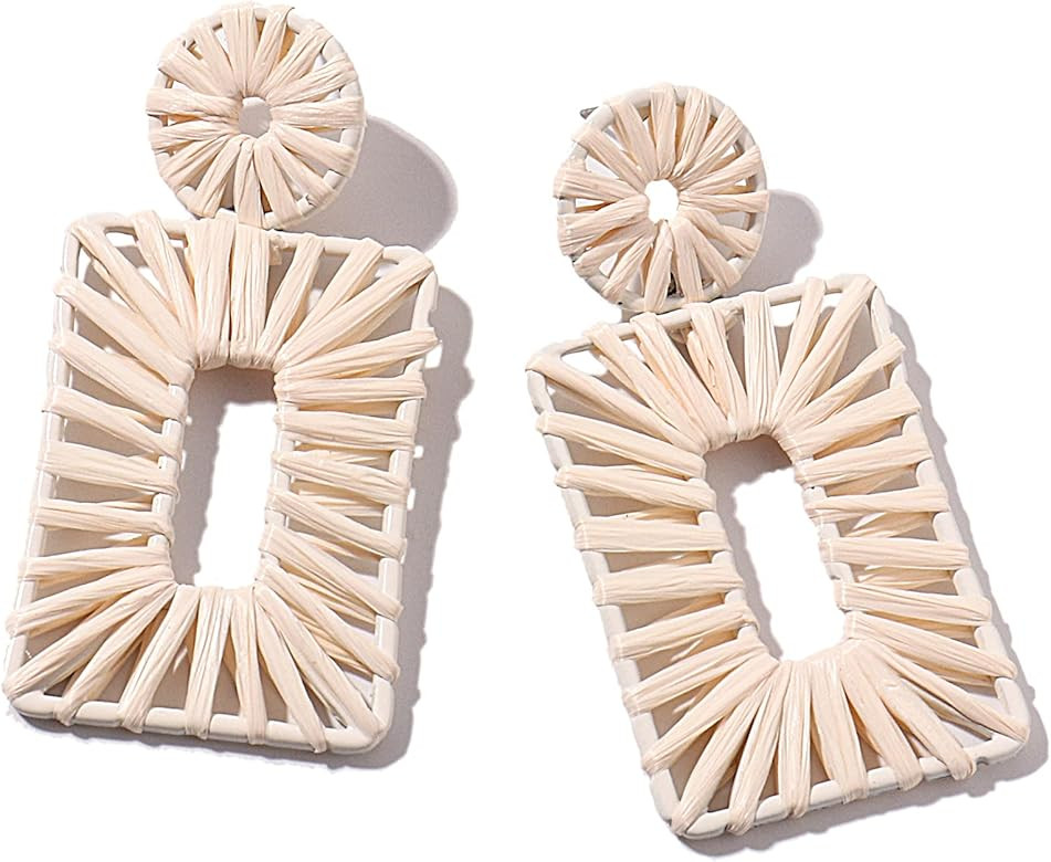 Lorsoilyn Women's Alloy Statement Earrings Raffia Boho Drop Geometric Dangle, Handmade Straw Beac... | Amazon (US)