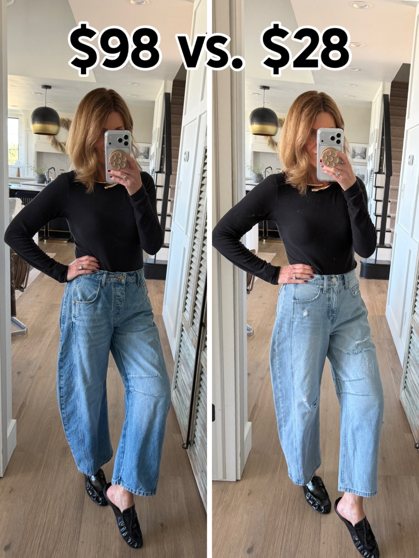 Barrel leg jeans. I’m 5’6 and sized down to a 26 in the Free People. Wearing a size 4 in Scoop 

#LTKOver40