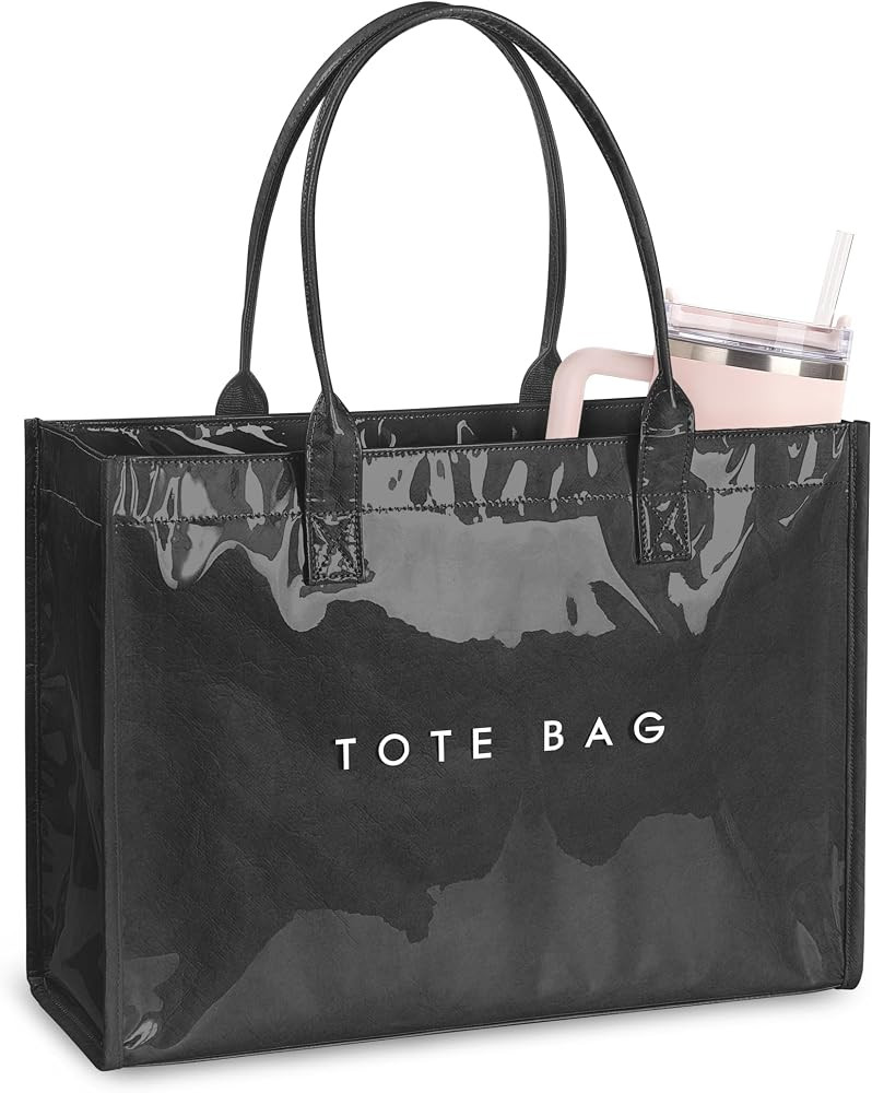 Large PVC Tote Bag for Women, Kraft Paper Handbag Beach Tote with Letter Print, Top Handle Purse ... | Amazon (US)