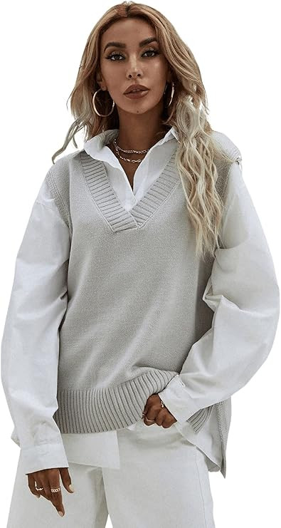 SweatyRocks Women's Sleeveless V Neck Ribbed Knit Split Pullover Sweater Vest | Amazon (US)