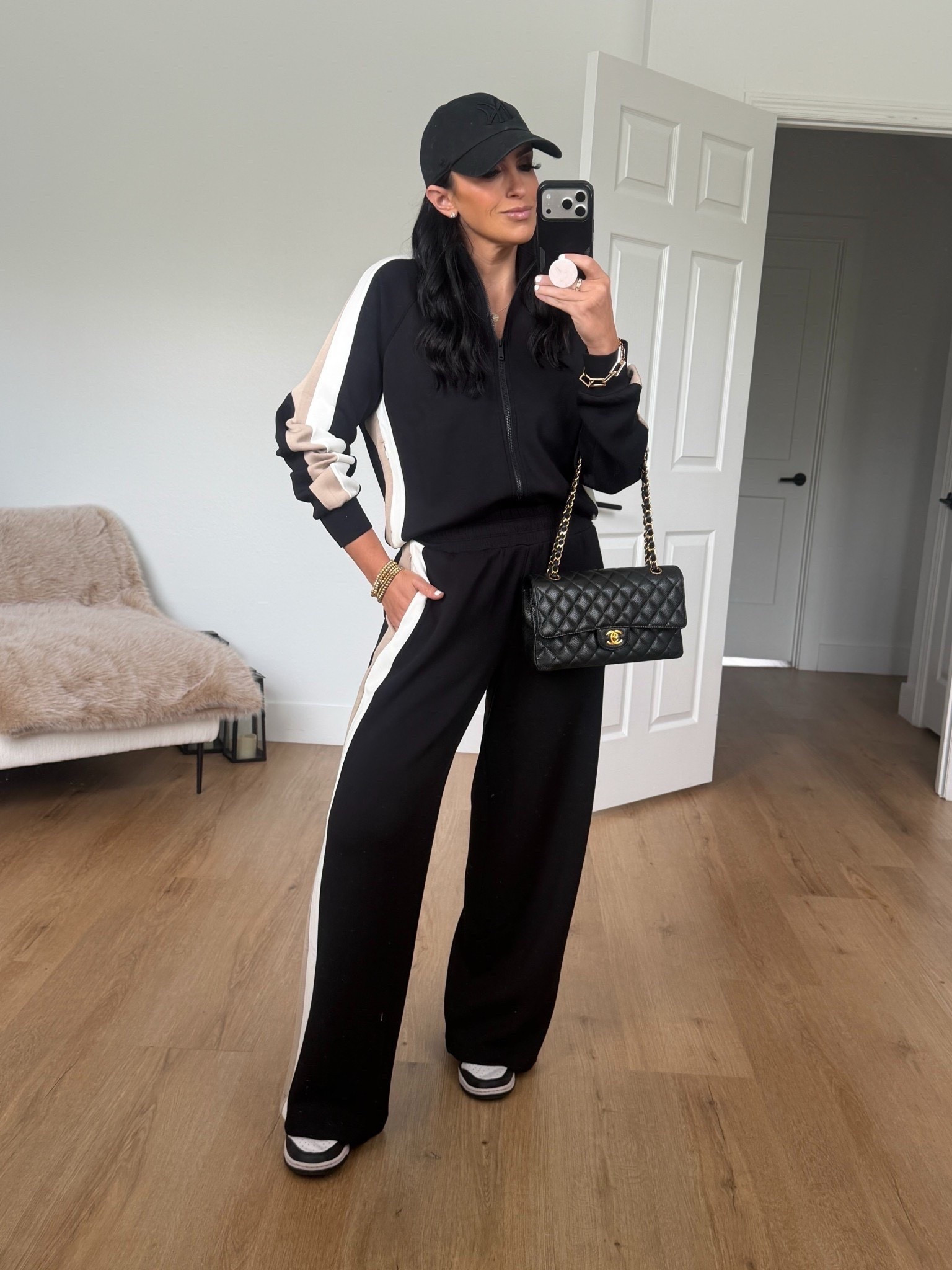 Spanx Air Essentials Colorblock track jacket- I’m wearing a size medium.

Spanx Air Essentials Colorblock track pant- I’m wearing a size medium