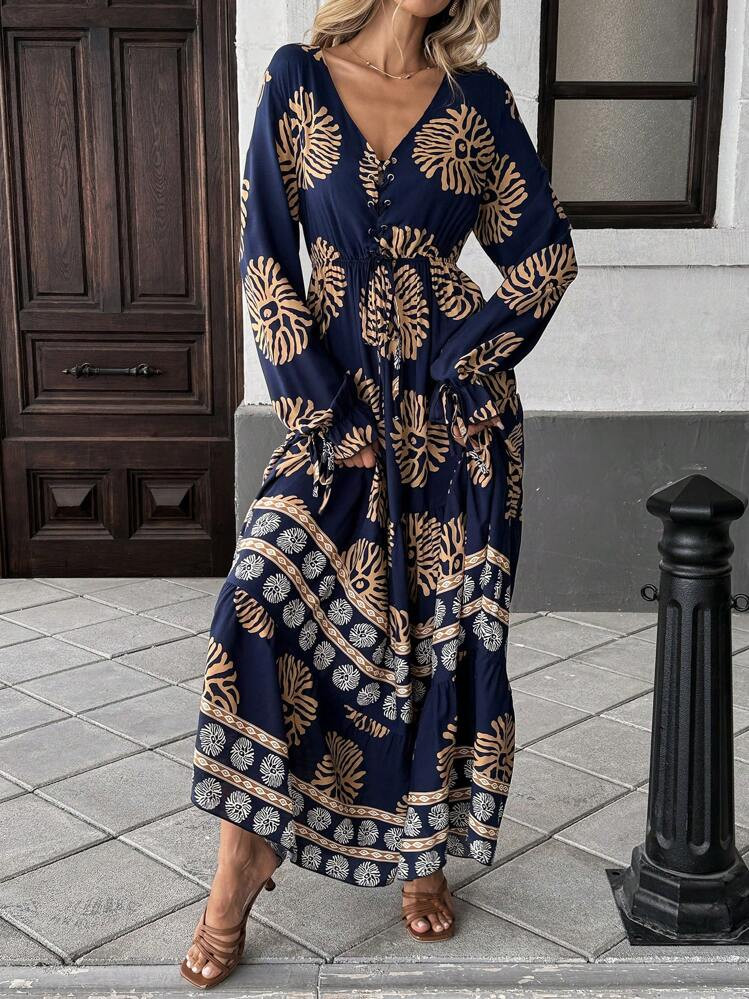 Breezaya Front Lace Up Long Sleeve Pleated All-Over Print Maxi Casual Dress For New Year Clothes Fall Cloth For Women | SHEIN