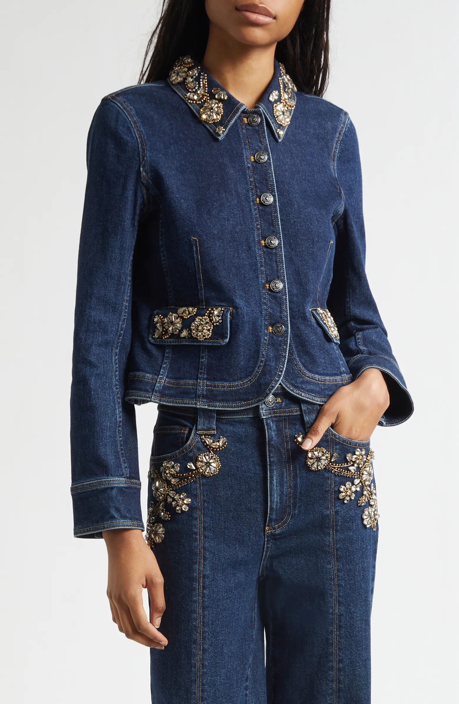Cinq à Sept Ivy Crystal Crop Denim Jacket | Nordstrom | Nordstrom