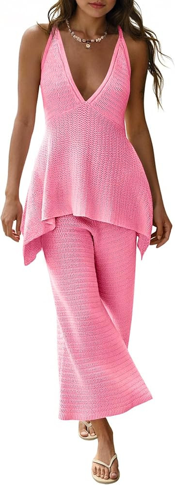 Tankaneo Womens 2 Piece Knit Sets Summer Vacation Outfits Deep V Neck Flowy Tank Tops Wide Leg Pa... | Amazon (US)