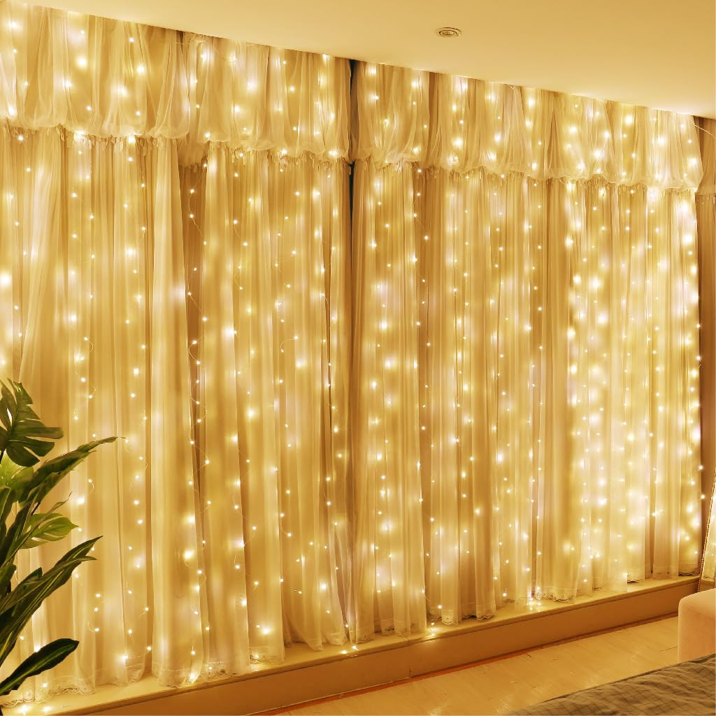 HXWEIYE 300LED Fairy Curtain Lights, 9.8x9.8Ft Warm White USB Plug in 8 Modes Christmas String Ha... | Amazon (US)