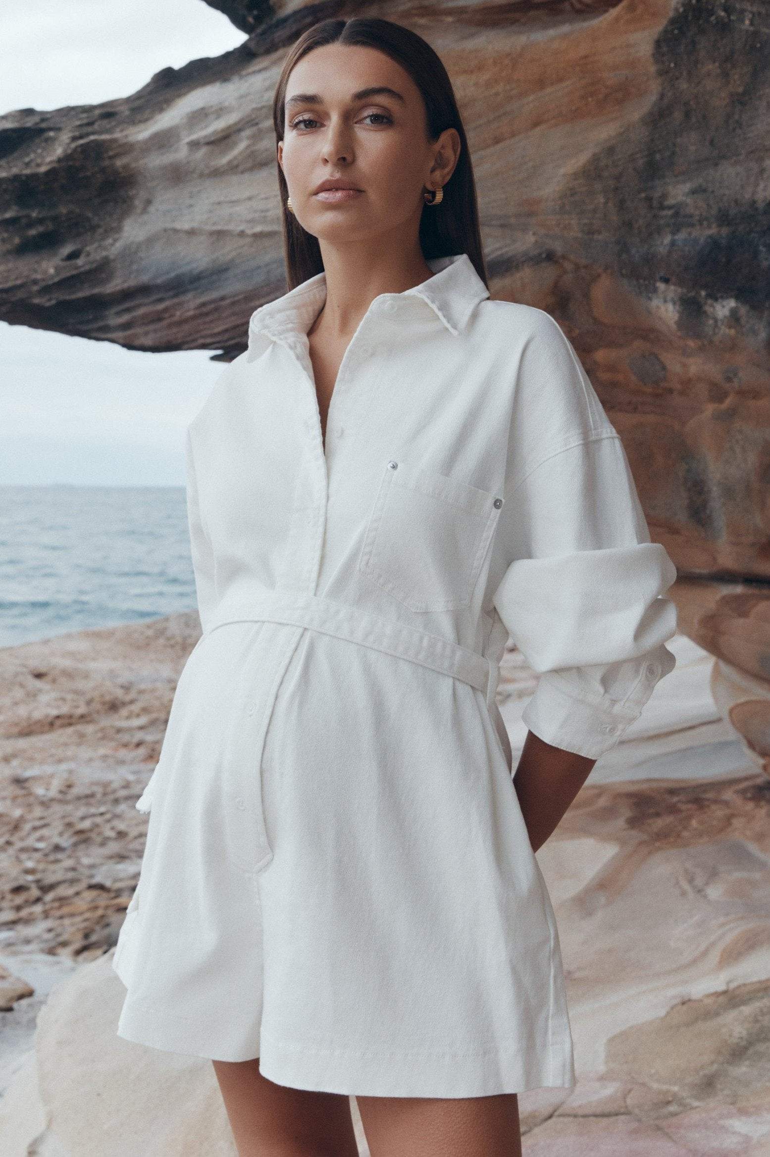 Louie Denim Romper (White) | Legoe Heritage Maternity APAC