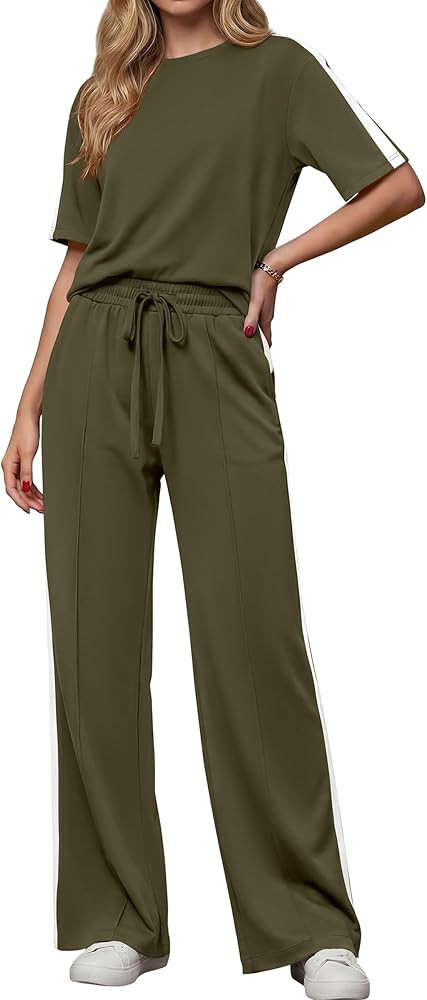 PRETTYGARDEN Women's 2 Piece Sets Summer Casual Sweatsuits Wide Leg Pants Matching Lounge Set Vac... | Amazon (US)