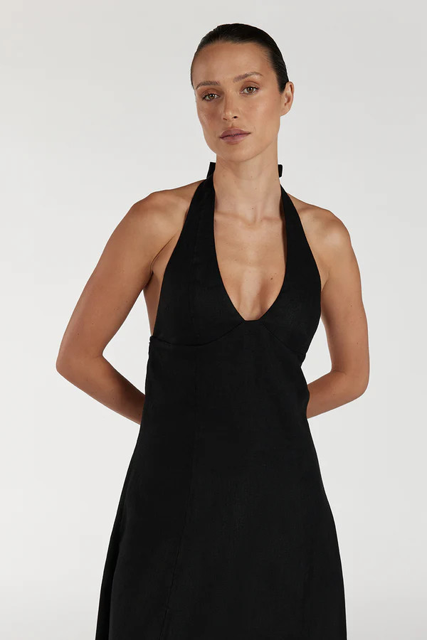 AUDREY BLACK HALTER LINEN MIDI DRESS | DISSH