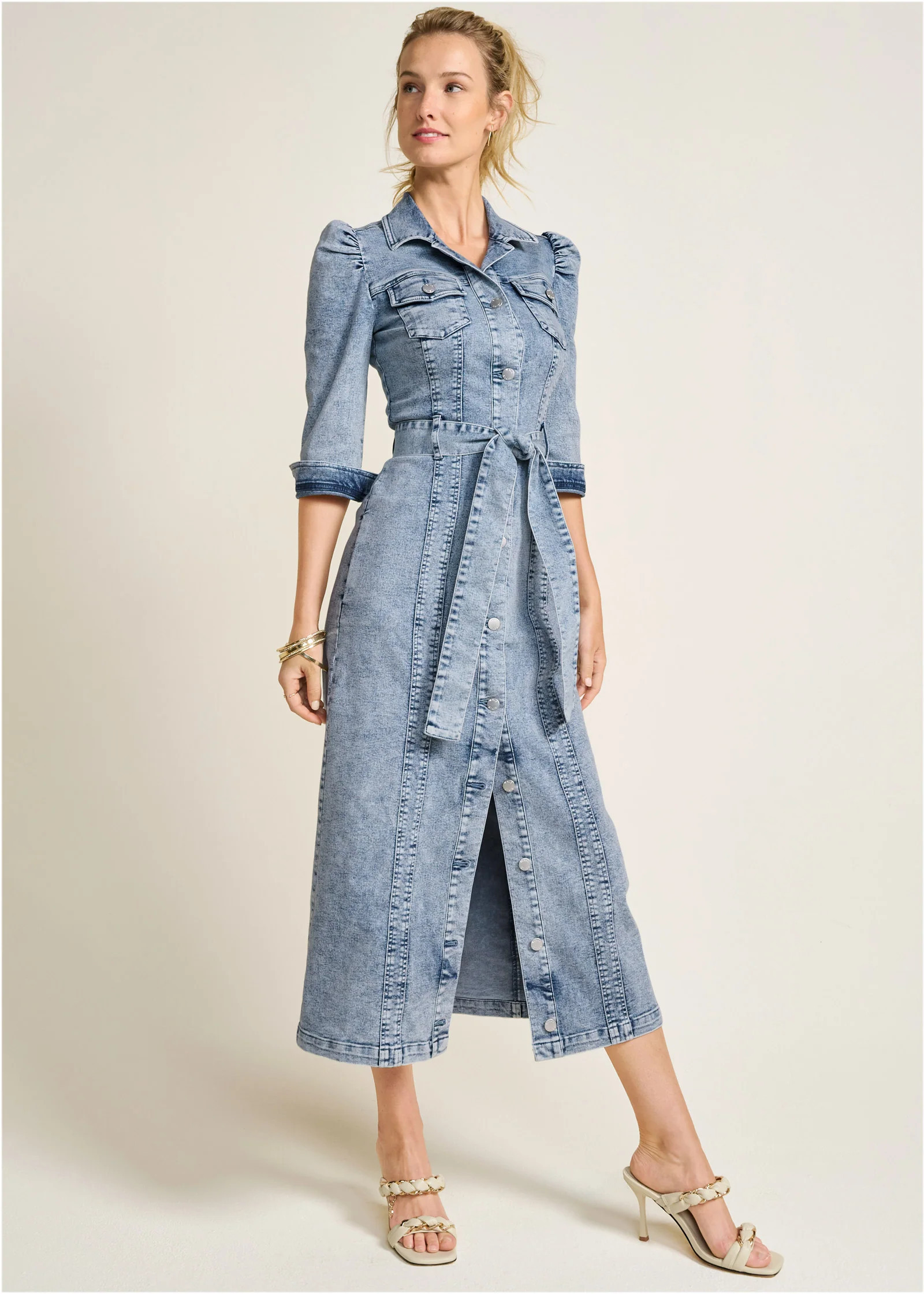 Tie-Waist Denim Midi Dress - Acid Wash | VENUS
