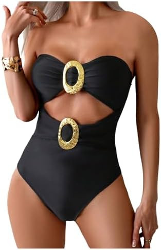 GORGLITTER Women's Strapless Metal One Pieces Swimsuits Modest Tummy Control Bathing Suit Cut Out... | Amazon (US)